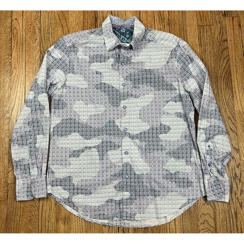 Robert Graham Men's Sz Large Classic Fit Button Shirt Flip Cuff Geometric Blue